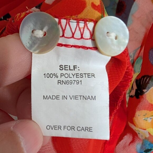 Fig & Flower Floral Shirt Womens Size Large Red Bird Sheer Roll Tab Sleeves - Picture 7 of 12